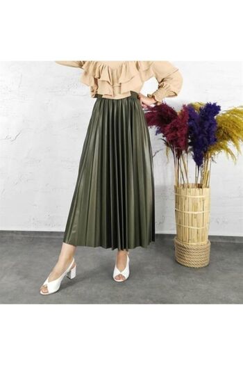 modazarif Women's Khaki Pleated Skirt with Elastic Waist