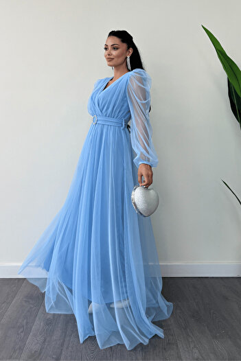 giyimmasalı Rochie maxi cu decolteu dublu din tul - BEBE BLUE