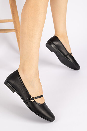 Getcho Radon Women's Black Single Strap Ballerina Flat Sole Classic Casual Shoes Comfortable Leather Shoes