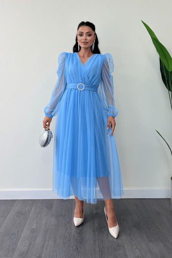 giyimmasalı Rochie detaliată cu centură de piatră cu decolteu dublu din țesătură din tul - BEBE BLUE