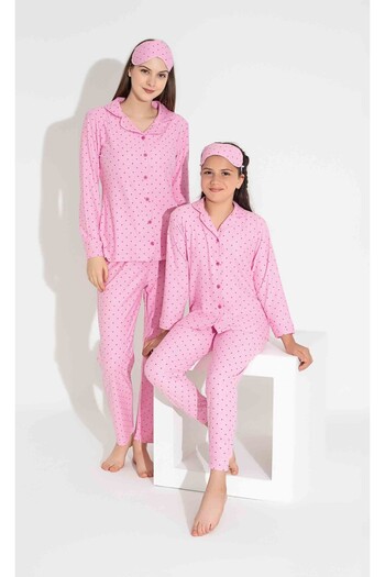 Tarık Pink Polka Dot Patterned - Suede Velvet Winter Pajama Set, Buttoned Front