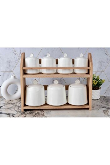 Kitchen Pembelia 7-Piece Spice Storage Jar Set with Porcelain and Wooden Stand