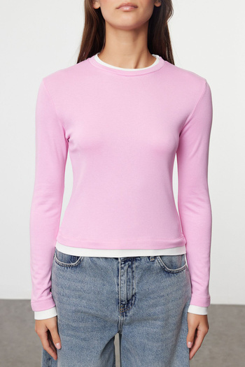 Trendyol Collection Flexible Viscose Pink Blocked Fitted Πλεκτή Μπλούζα - TWOAW25BZ00114