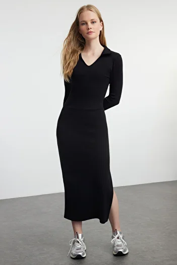Trendyol Collection Rochie neagră tricotată Midi Bodycon cu gât polo - TWOAW25EL00319