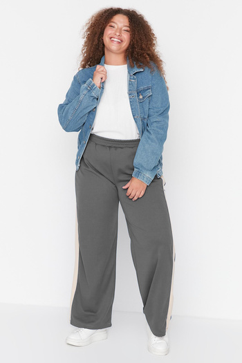 Trendyol Curve High Waist Gray Knitted Trousers - Wide Leg, Plus Size Tbbaw23ar00018