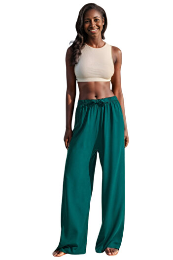 Cassime Women's Emerald Green Palazzo Wide Leg High Waist Viscose Summer Pants