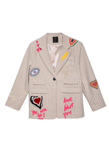 Quzu Beige Oversize Jacket - Embroidery Detail
