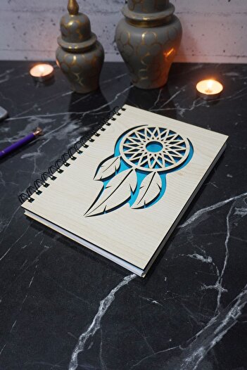 markcat Dream Catcher Patterned Notebook with Wooden Cover - Agenda and Daily Use - Plain Unlined School Notebook
