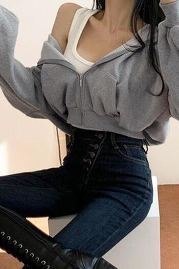 Göksin Gray Crop Cardigan - Streetwear, Zippered, Long Sleeve