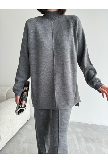 Lusin Anthracite Women's Knitwear Set - Half Turtleneck Sweater and Trousers Set