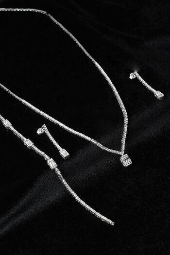 BY BARUN SİLVER Baget Kare Kolye Küpe Bileklik Set 925 Ayar Zirkon Taşlı Abiye Düğün Kına Nişan Su Yolu Gümüş Zincir