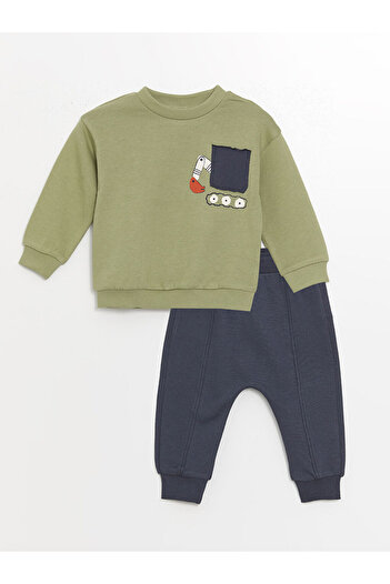 LC Waikiki Crew Neck Printed Sweatshirt and Sweatpants Set for Baby Boy - Set of 2