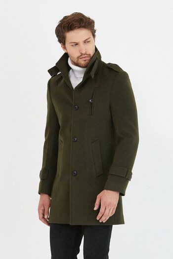 Mero Life Men's Khaki Slim Cut Stand Collar Long Wool Blend Cashew Coat