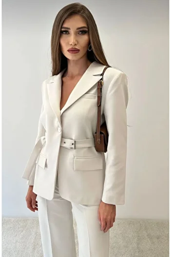 D'RECCY Women's Waist Belted Blazer Jacket Fabric Pants Set