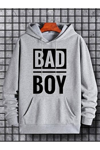 PALPİTO Сірий худі з принтом Bad Boy для чоловіків - 3-нитковий світшот з капюшоном