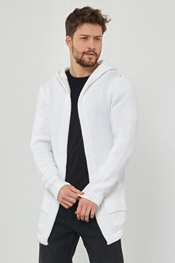 BLUE STREET Men's White Patterned Knitwear Cardigan - Hrk8085R04S