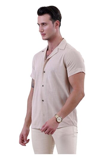 Exve Exclusive Μπεζ λινό υφαντό - Χαβάης Oversize Casual πουκάμισο, χαλαρή εφαρμογή, κοντό μανίκι