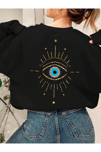 Revasser Černá oversize bavlněná mikina - Eye Special Printed, Crew Neck