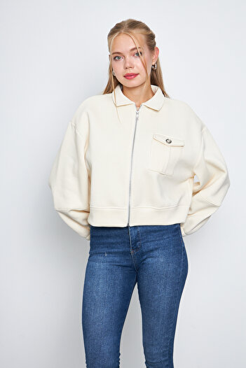 ESPİNA Women's Jacket with Balloon Sleeves and Zipper - Shirt Collar