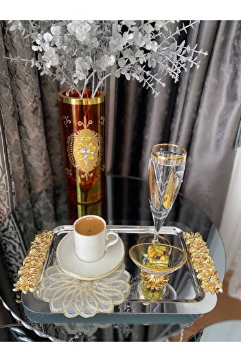 atabey home collection 1 ADET TEKLİ Kahve & Çay & Sunum Dikdörtgen Büyük Sunum Tepsisi Çelik Gül Model Gold 30 CM