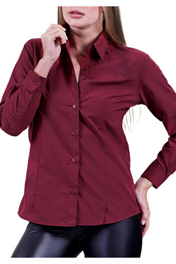 Exve Exclusive Claret Red Cherry Color 100% Cotton Woven Basic μακρυμάνικο πουκάμισο για γυναίκες