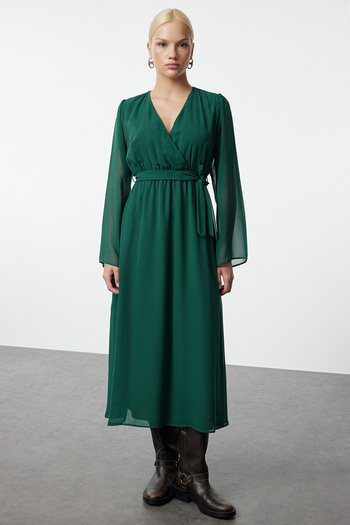 Trendyol Collection Emerald Green Chiffon Maxi Dress - Belted, A-line, Double Breasted Collar, Lined Twoaw25el00251