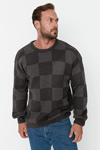 Trendyol Collection Πλεκτό πουλόβερ Unisex Μαύρο Oversize - Crew Neck, καρό TMNAW23KZ00279