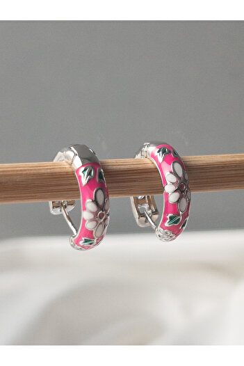 Siya Silver Silver Colored Pink Flower Patterned Earrings