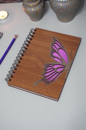 markcat Butterfly Patterned Notebook with Wooden Cover - Agenda and Daily Use - Unlined School Notebook