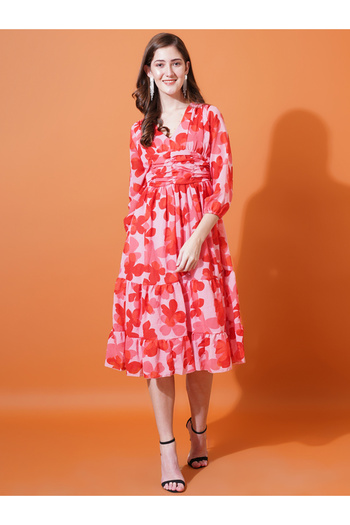U&F By Styli Floral Print V Neck Tiered Midi Dress