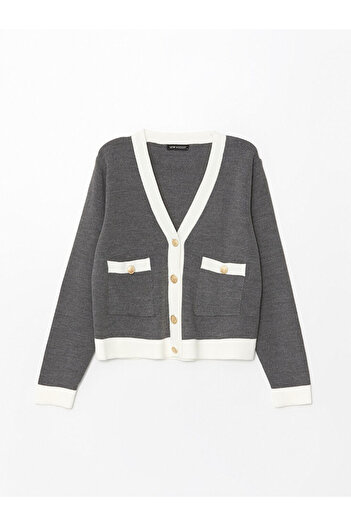 LC Waikiki Color Blocked V-neck Long Sleeve Women's Knitwear Cardigan
