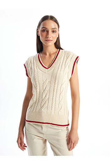 LC Waikiki Gemusterter Strickpullover mit V-Ausschnitt für Damen