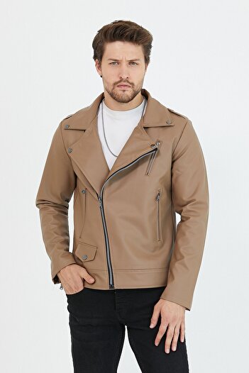 Mero Life Ανδρικό δερμάτινο μπουφάν Vizyon New Season Cross Zipper