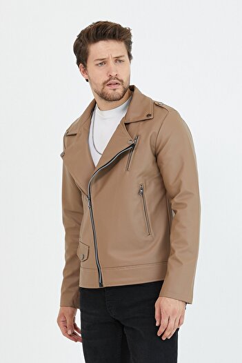 Mero Life Ανδρικό δερμάτινο μπουφάν Vizyon New Season Cross Zipper