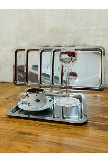 BİMOTE 6-Piece Stainless Steel 21x21cm Square Tea, Coffee, Cake Serving Tray Decorative Presentation Tray
