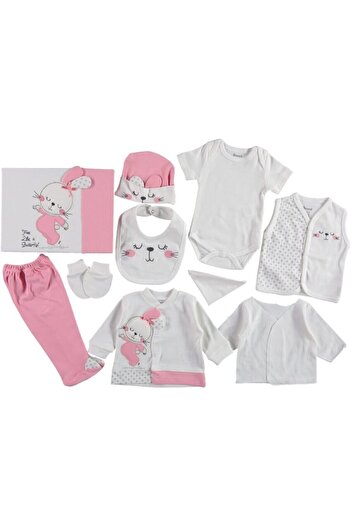 Miniworld 10 Piece Bodysuit Set with Dotted Rabbit, Hospital Release Pink