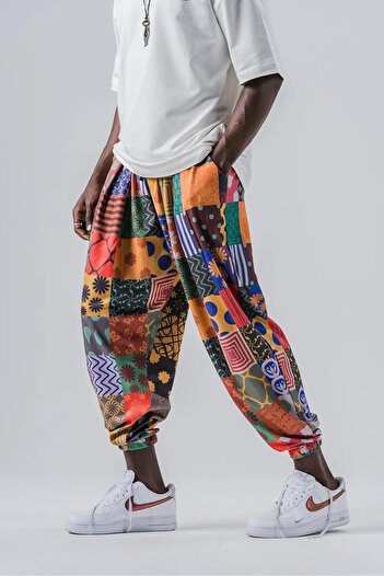 Namaste Vintage Retro model beli ve paçası lastikli unisex şalvar pantolon (Kalın kumaş)