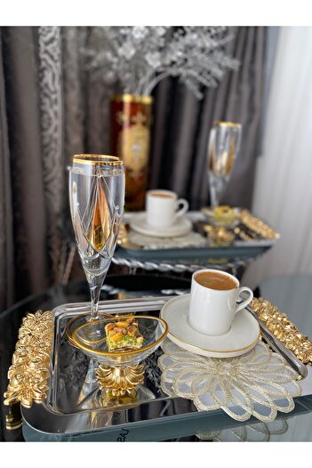 atabey home collection 2'li Kahve & Çay & Sunum Dikdörtgen Büyük Sunum Tepsisi Çelik Gül Model Gold 30 CM