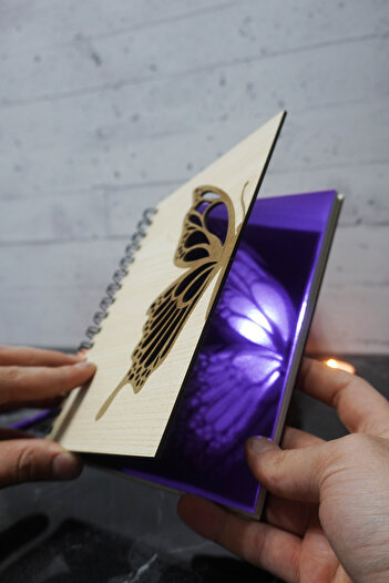 markcat Butterfly Themed Lined Notebook with Wooden Cover - Agenda and School Notebook (A5 - 120 Pages)
