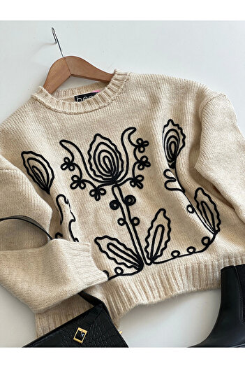 Hepsi Moda Stone Colored Corded Embroidered Chardon Sweater - Ec - 1221