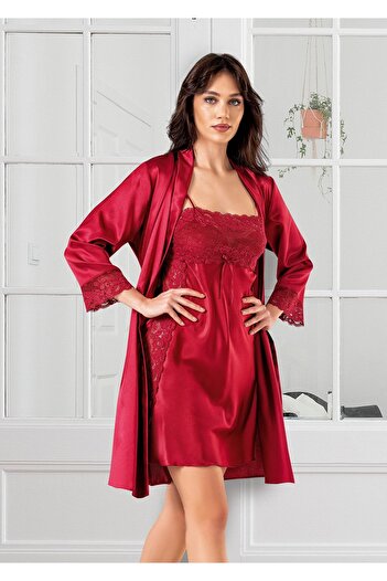 Angels Story Satin Lace and Guipure Claret Red Nightgown and Dressing Gown Set - 1725