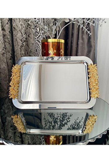 atabey home collection 1 ADET TEKLİ Kahve & Çay & Sunum Dikdörtgen Büyük Sunum Tepsisi Çelik Gül Model Gold 30 CM