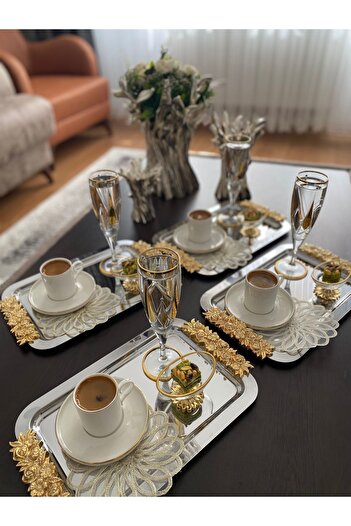 atabey home collection 1 ADET TEKLİ Kahve & Çay & Sunum Dikdörtgen Büyük Sunum Tepsisi Çelik Gül Model Gold 30 CM