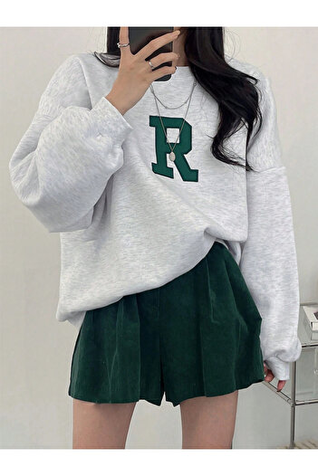 Revasser Kadın Gri R Harf Özel Baskılı Oversize Pamuklu Bisiklet Yaka Sweatshirt