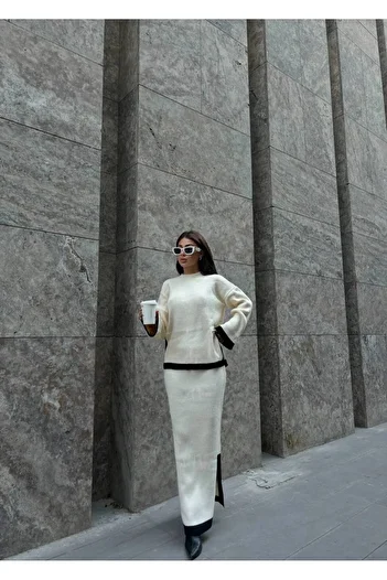 LB Laluna Butik Women's Knitwear Set Stripe Detailed Slit Sweater and Long Skirt