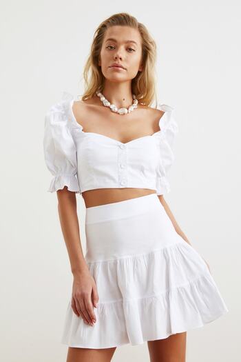 Trendyol Collection White Balloon Sleeve Flounced Beach Bottom Top Set TBESS20AU0017