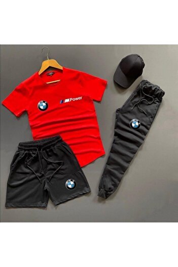 NewCabin Shorts-Sweatpants-T-Shirt Slim Fit 3-Piece Red Black Set Combination