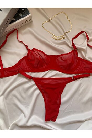 ROZENİN LINGERIE New Year's Gift Red Underwire Cupless Tulle Bralet Bra Set (Bra-Tanga)