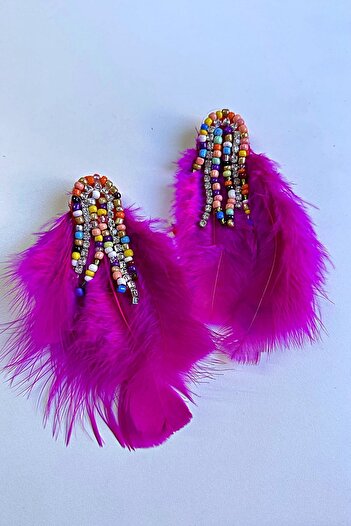 PETEK AKSESUAR Design Handmade Stone Bead Feather Long Earrings 10 Cm.