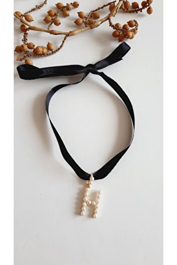 PETEK AKSESUAR Letter H Style Pearl Ribbon Choker Necklace